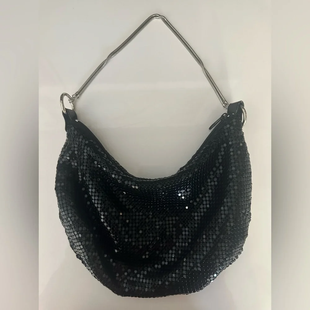 Vtg Y2K 90s Sequin Black Slouch Hobo Bag Purse Snake Metal Straps Bling Disco
